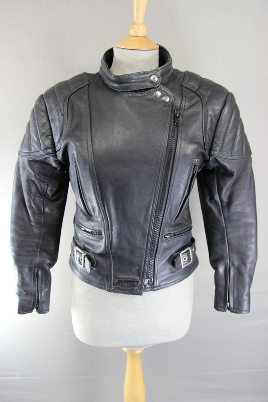 CLASSIC SPORTEX A5 BLACK LEATHER BIKER JACKET: SIZE 10