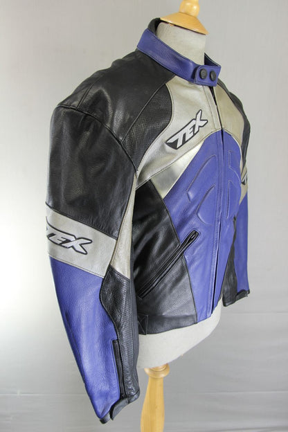 TEXPORT BLACK, BLUE & SILVER LEATHER BIKER JACKET WITH CE ELBOW ARMOUR 40 INCH