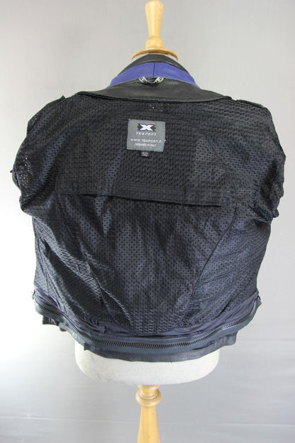 TEXPORT BLACK, BLUE & SILVER LEATHER BIKER JACKET WITH CE ELBOW ARMOUR 40 INCH