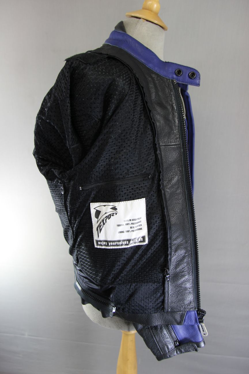 TEXPORT BLACK, BLUE & SILVER LEATHER BIKER JACKET WITH CE ELBOW ARMOUR 40 INCH