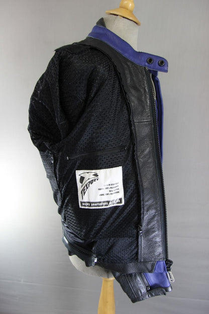 TEXPORT BLACK, BLUE & SILVER LEATHER BIKER JACKET WITH CE ELBOW ARMOUR 40 INCH