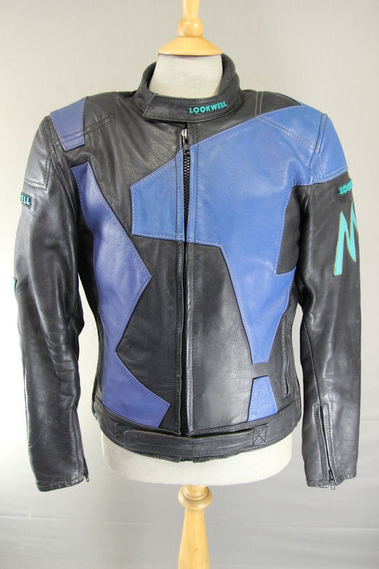 VINTAGE LOOKWELL BLACK, BLUE & GREEN LEATHER BIKER JACKET + BACK PROTECTOR 40 IN