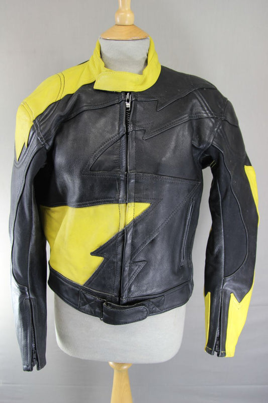 CLASSIC J&S BLACK & YELLOW LEATHER BIKER JACKET 38-40 INCH CHEST