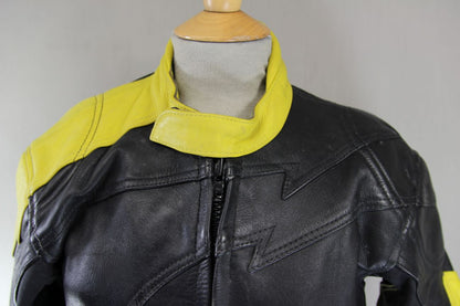 CLASSIC J&S BLACK & YELLOW LEATHER BIKER JACKET 38-40 INCH CHEST
