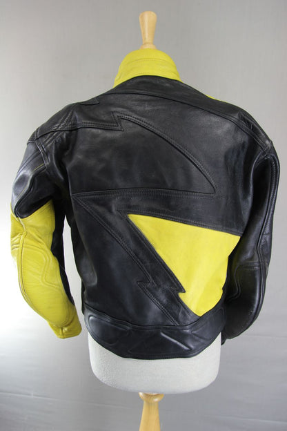 CLASSIC J&S BLACK & YELLOW LEATHER BIKER JACKET 38-40 INCH CHEST