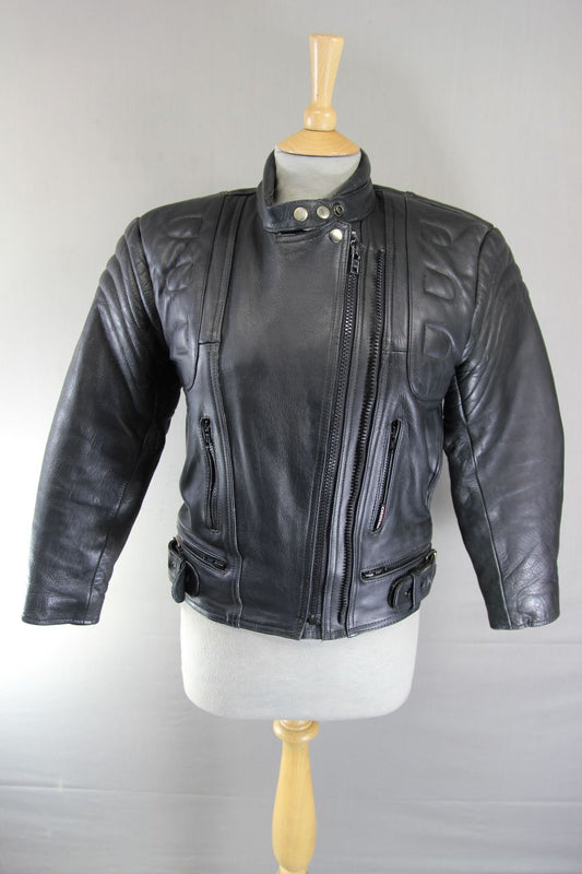RHINO BRITISH DESIGNED/STYLED BLACK COWHIDE LEATHER BIKER JACKET SIZE 12 34 INCH