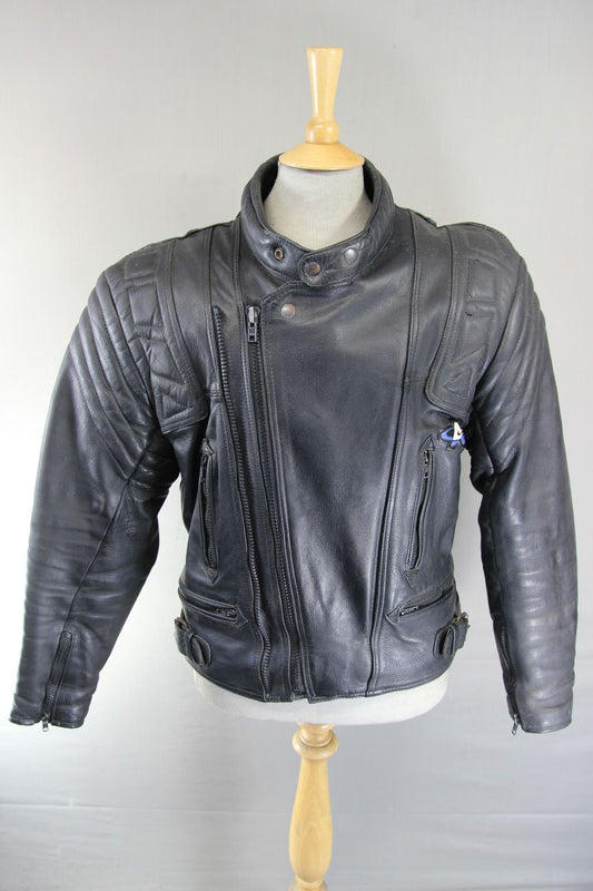 AKITO BLACK LEATHER BIKER JACKET WITH BACK, SHOULDER & ELBOW CE ARMOUR 40-42 IN