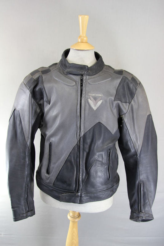 FRANK THOMAS BLACK & GREY LEATHER BIKER JACKET WITH REMOVABLE CE ARMOUR 42 INCH