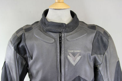 FRANK THOMAS BLACK & GREY LEATHER BIKER JACKET WITH REMOVABLE CE ARMOUR 42 INCH