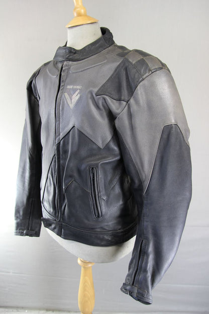 FRANK THOMAS BLACK & GREY LEATHER BIKER JACKET WITH REMOVABLE CE ARMOUR 42 INCH