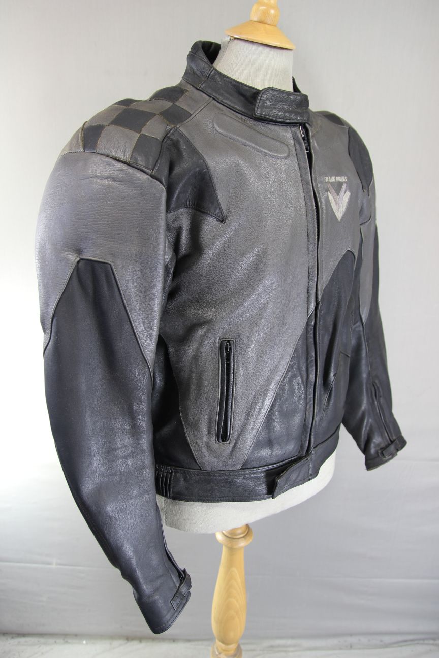 FRANK THOMAS BLACK & GREY LEATHER BIKER JACKET WITH REMOVABLE CE ARMOUR 42 INCH