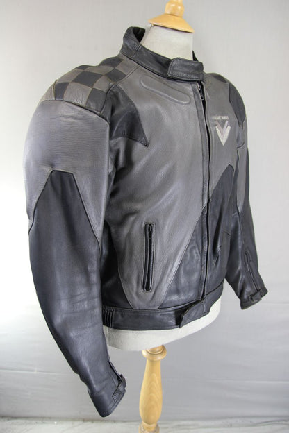 FRANK THOMAS BLACK & GREY LEATHER BIKER JACKET WITH REMOVABLE CE ARMOUR 42 INCH
