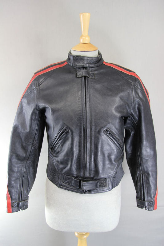SKINTAN BLACK & RED LEATHER BIKER JACKET WITH REMOVABLE PROTECTORS 34 INCHES/XS