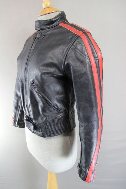 SKINTAN BLACK & RED LEATHER BIKER JACKET WITH REMOVABLE PROTECTORS 34 INCHES/XS