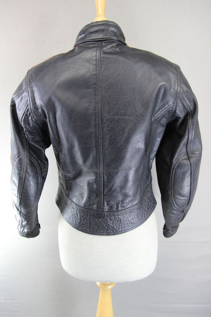SKINTAN BLACK & RED LEATHER BIKER JACKET WITH REMOVABLE PROTECTORS 34 INCHES/XS