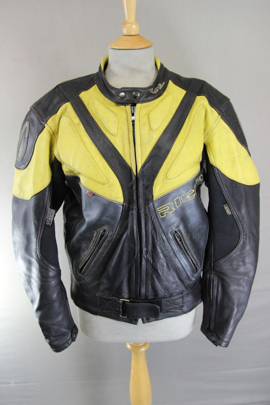 RICHA BLACK, YELLOW & SILVER LEATHER BIKER JACKET WITH CE ARMOUR 42 INCH CHEST