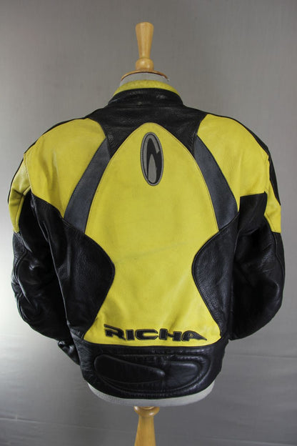 RICHA BLACK, YELLOW & SILVER LEATHER BIKER JACKET WITH CE ARMOUR 42 INCH CHEST