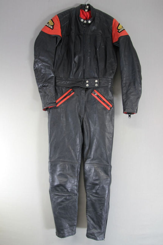 VINTAGE 1970'S 'HONDA' 2PIECE BLACK & RED LEATHER BIKER SUIT CHEST 38"/WAIST 30"