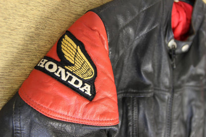 VINTAGE 1970'S 'HONDA' 2PIECE BLACK & RED LEATHER BIKER SUIT CHEST 38"/WAIST 30"