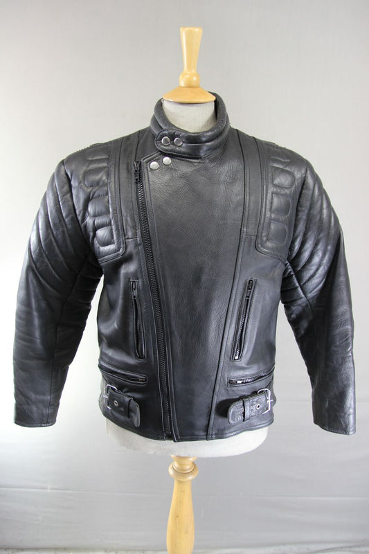 CLASSIC 'STOP' BLACK LEATHER BIKER JACKET 38-40 INCH
