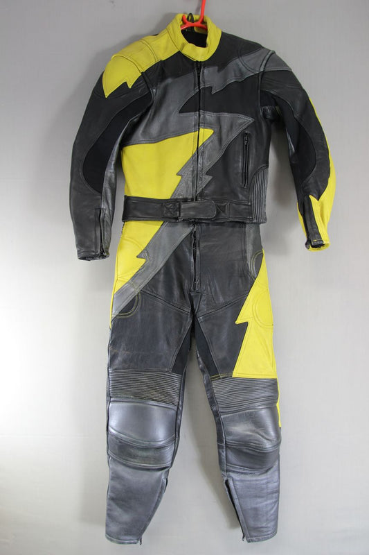 J&S 2 PIECE BLACK, SILVER & YELLOW LEATHER BIKER SUIT WITH BACK PROTECTOR 38 IN