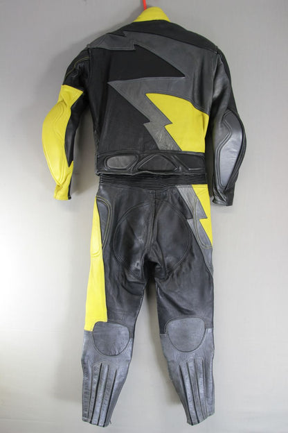 J&S 2 PIECE BLACK, SILVER & YELLOW LEATHER BIKER SUIT WITH BACK PROTECTOR 38 IN