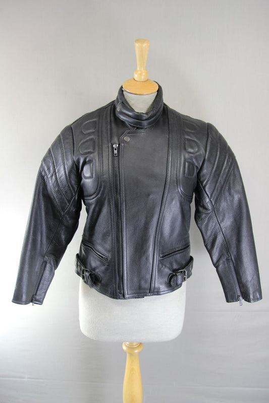 CLASSIC SKINTAN BLACK COWHIDE LEATHER BIKER JACKET 32 INCH