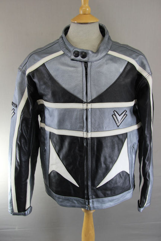 FRANK THOMAS BLACK, SILVER & WHITE LEATHER BIKER JACKET WITH BACK PROTECTOR 46IN