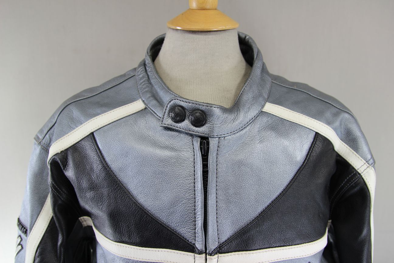 FRANK THOMAS BLACK, SILVER & WHITE LEATHER BIKER JACKET WITH BACK PROTECTOR 46IN