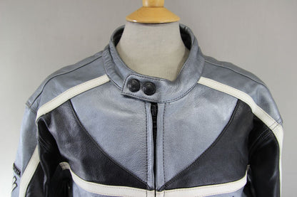 FRANK THOMAS BLACK, SILVER & WHITE LEATHER BIKER JACKET WITH BACK PROTECTOR 46IN