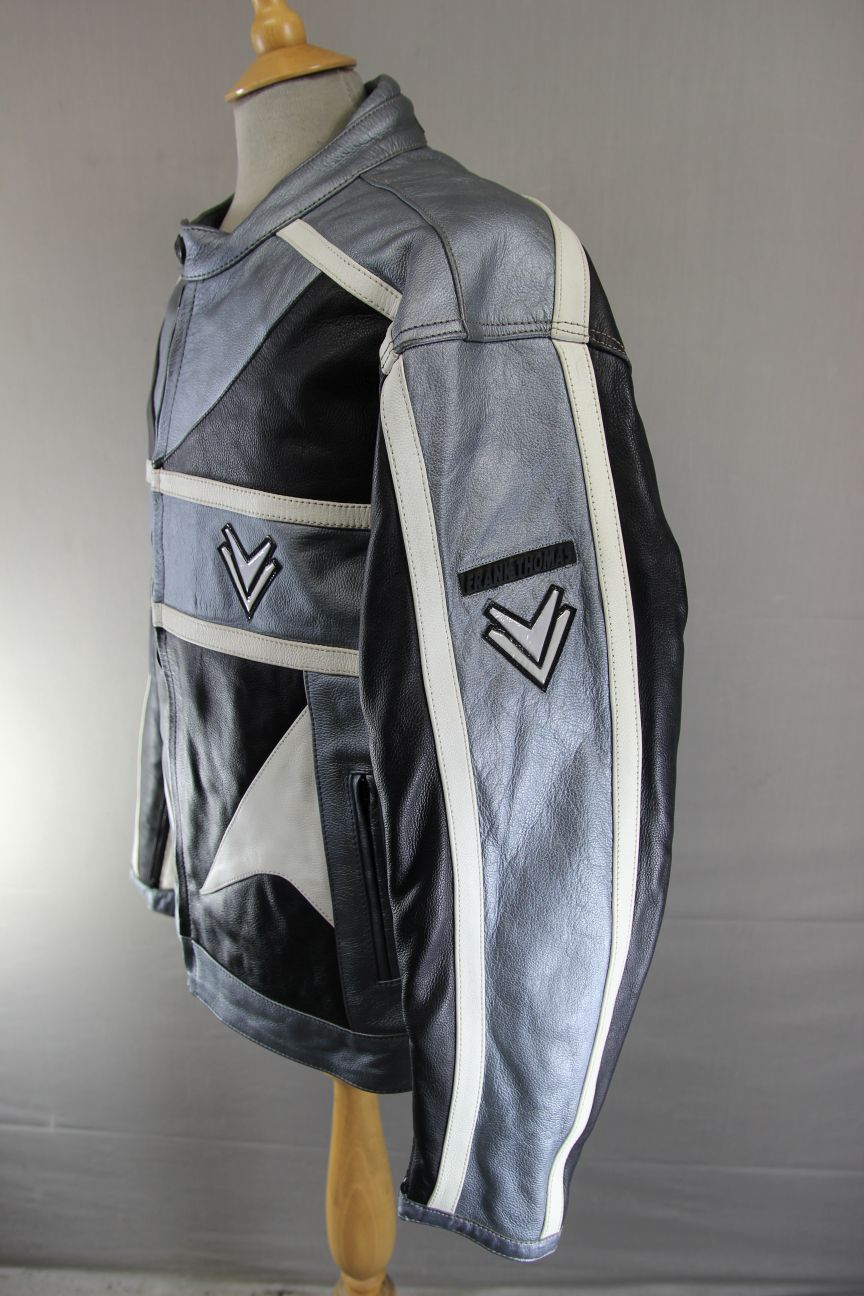 FRANK THOMAS BLACK, SILVER & WHITE LEATHER BIKER JACKET WITH BACK PROTECTOR 46IN
