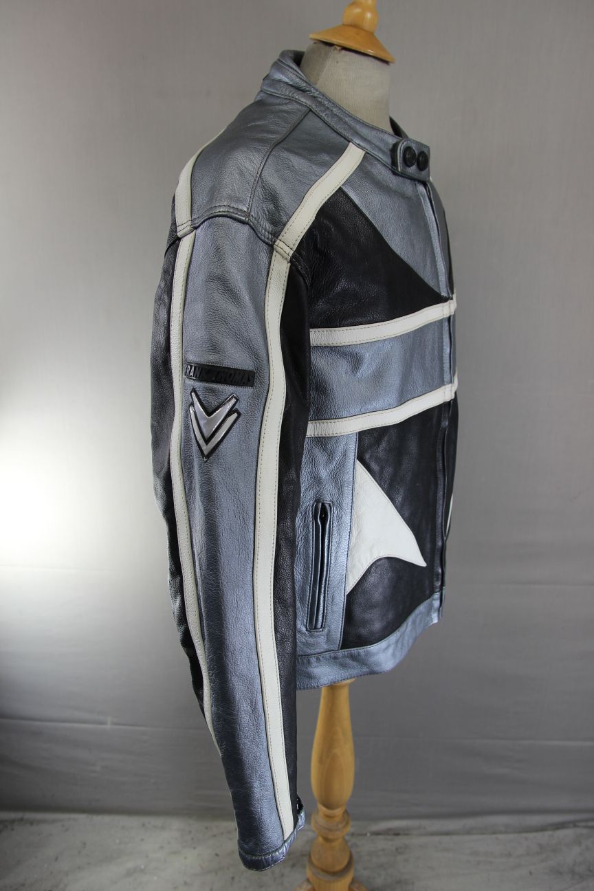FRANK THOMAS BLACK, SILVER & WHITE LEATHER BIKER JACKET WITH BACK PROTECTOR 46IN