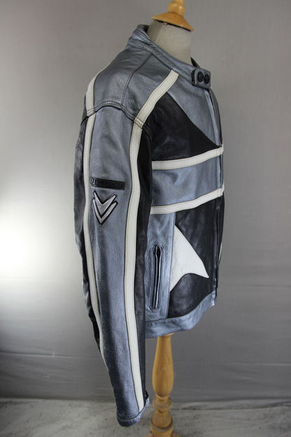 FRANK THOMAS BLACK, SILVER & WHITE LEATHER BIKER JACKET WITH BACK PROTECTOR 46IN