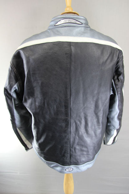 FRANK THOMAS BLACK, SILVER & WHITE LEATHER BIKER JACKET WITH BACK PROTECTOR 46IN