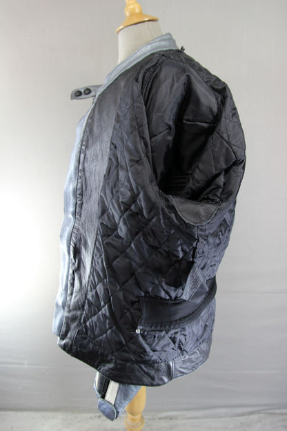 FRANK THOMAS BLACK, SILVER & WHITE LEATHER BIKER JACKET WITH BACK PROTECTOR 46IN