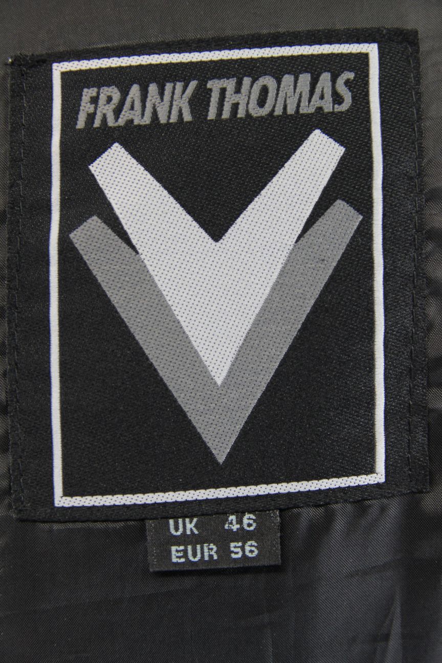 FRANK THOMAS BLACK, SILVER & WHITE LEATHER BIKER JACKET WITH BACK PROTECTOR 46IN
