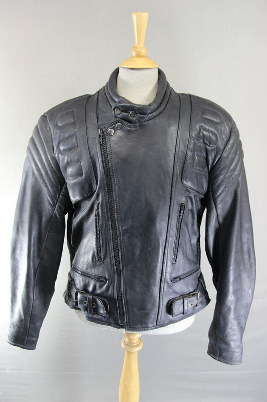 CLASSIC J&S BLACK LEATHER BIKER JACKET WITH REMOVABLE BACK PROTECTOR 42-44 INCH