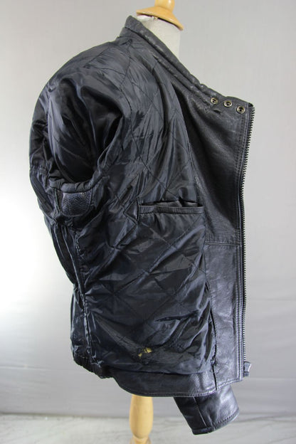 CLASSIC J&S BLACK LEATHER BIKER JACKET WITH REMOVABLE BACK PROTECTOR 42-44 INCH