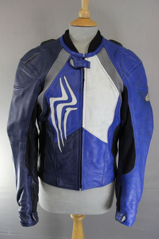 HEIN GERICKE PRO SPORTS BLUE, WHITE & BLACK LEATHER BIKER JACKET+CE ARMOUR 34IN