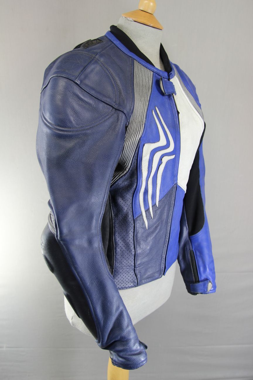 HEIN GERICKE PRO SPORTS BLUE, WHITE & BLACK LEATHER BIKER JACKET+CE ARMOUR 34IN