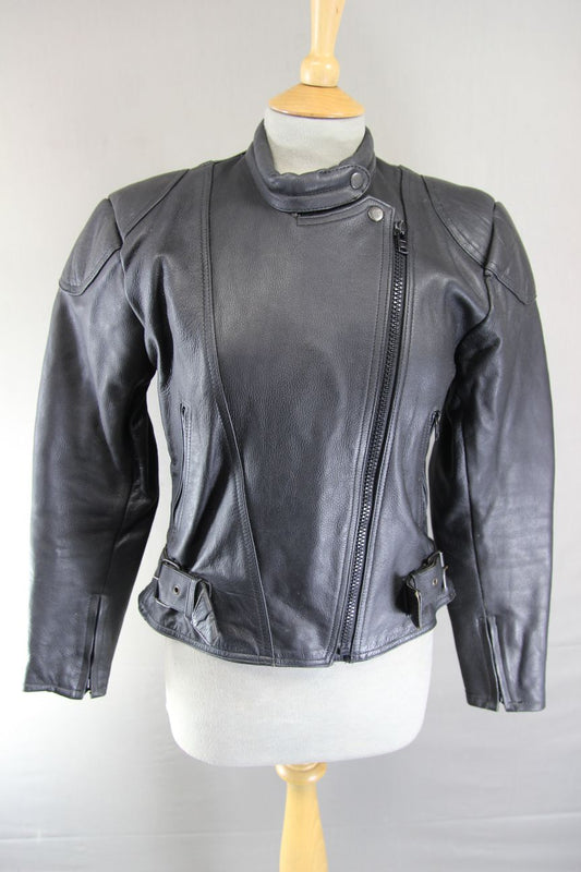 LADIES CLASSIC BLACK LEATHER BIKER JACKET: SIZE 10-12/34 INCH CHEST
