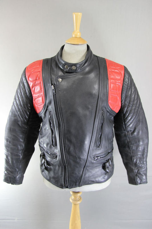 VINTAGE BLACK & RED COWHIDE LEATHER BIKER JACKET 40-42 INCH