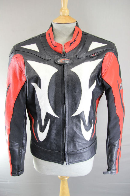 RIOSSI BLACK, WHITE & RED COWHIDE LEATHER BIKER JCKT + ARMOUR/THERMAL LINING 40"