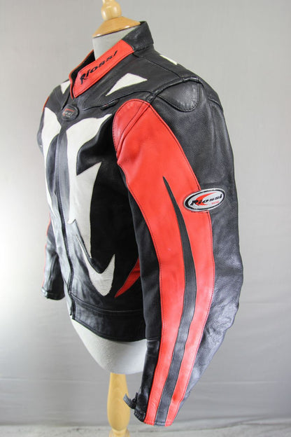 RIOSSI BLACK, WHITE & RED COWHIDE LEATHER BIKER JCKT + ARMOUR/THERMAL LINING 40"