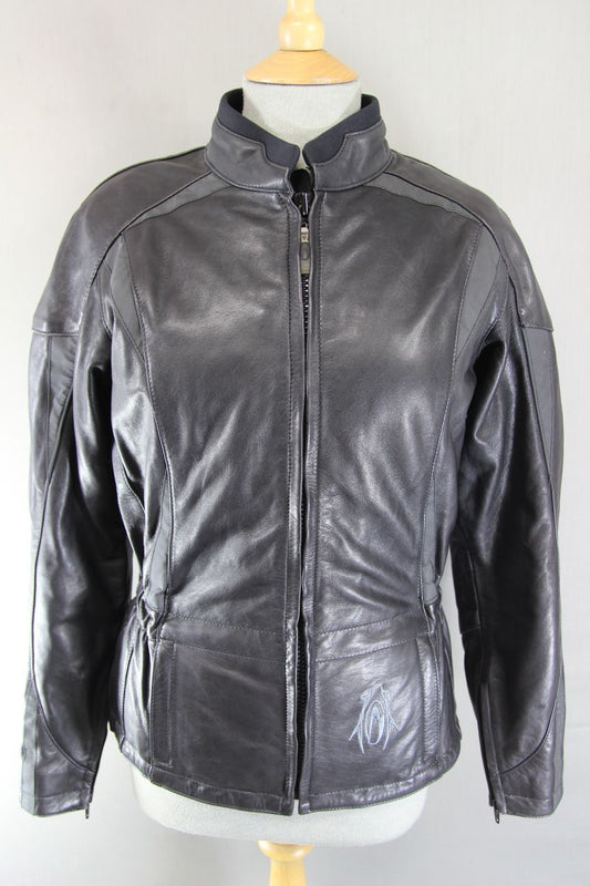 RICHA BLACK LEATHER BIKER JACKET + REMOVABLE SHOULDER & ELBOW CE ARMOUR: SIZE 10