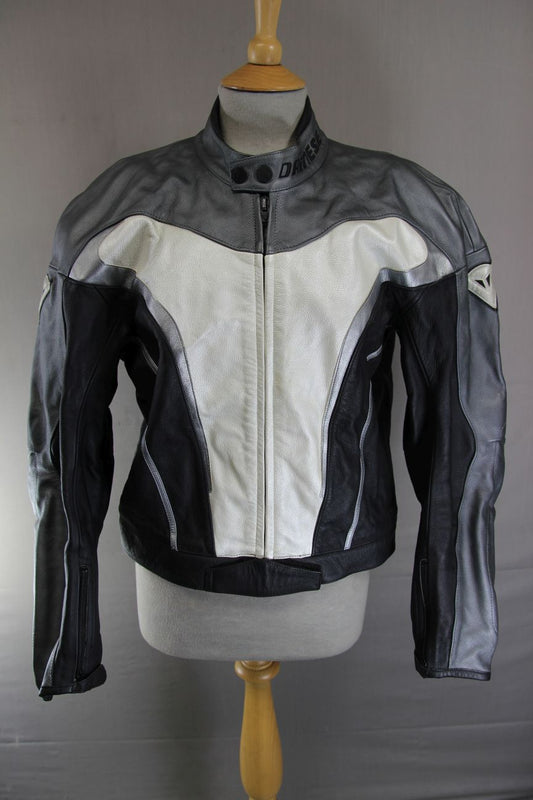DAINESE BLACK, SILVER & GREY LEATHER BIKER JCKT + SHOULDER & ELBOW CE ARMOUR 42"