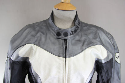 DAINESE BLACK, SILVER & GREY LEATHER BIKER JCKT + SHOULDER & ELBOW CE ARMOUR 42"