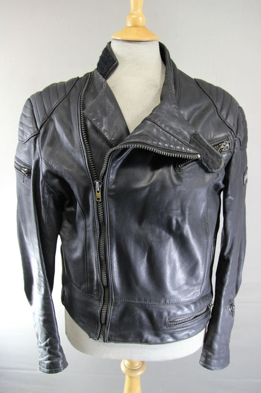VINTAGE 1970's PUNK ROCK CLASSIC POLO BLACK LEATHER BIKER JACKET 42 INCH