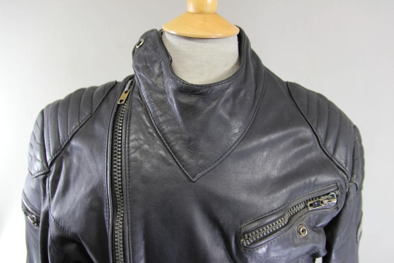 VINTAGE 1970's PUNK ROCK CLASSIC POLO BLACK LEATHER BIKER JACKET 42 INCH