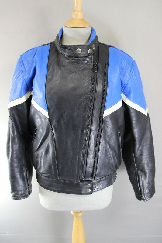 VINTAGE BLACK, BLUE & WHITE LEATHER SPORTEX IMOLA CLASSIC BIKER JACKET: SIZE 12